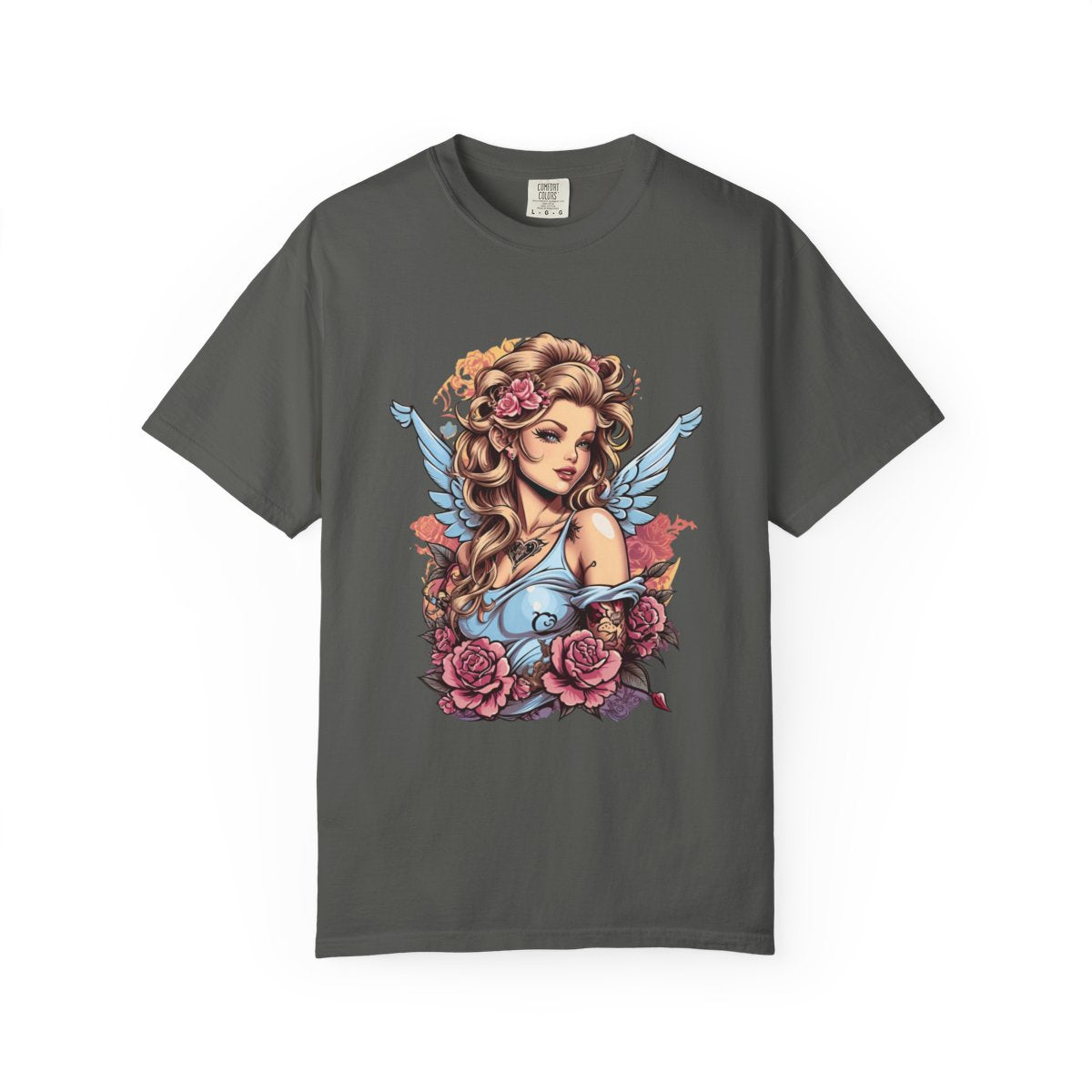 Pepper Gray t-shirt with a pastel colored tattoo art aesthetic fairy design featuring flowers and wings 