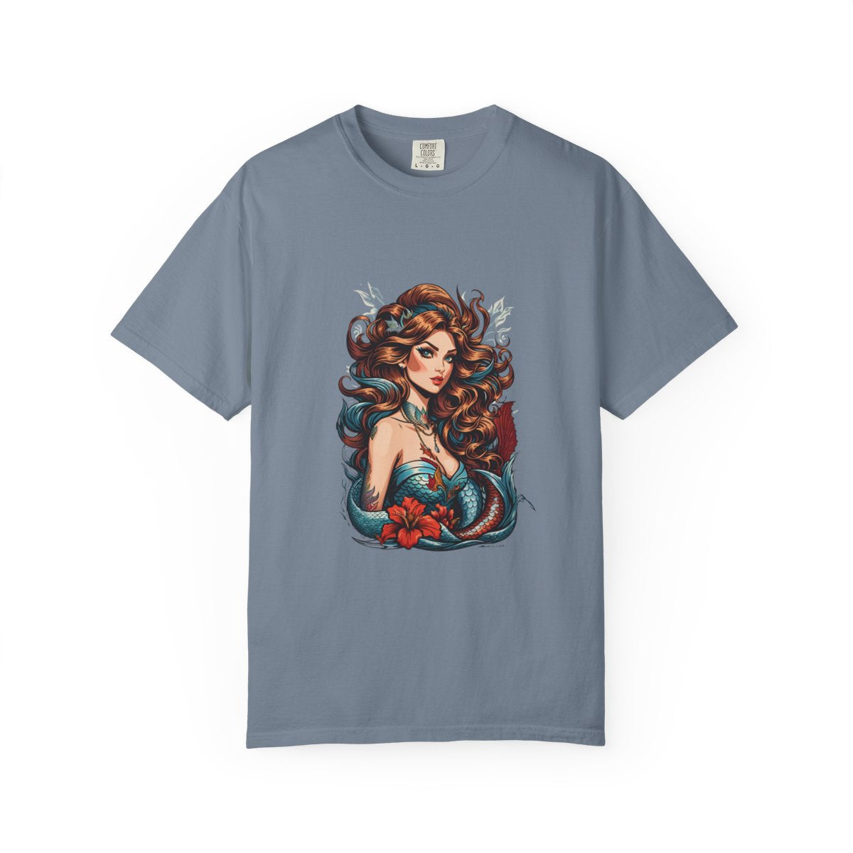 Blue gray t-shirt with a retro style tattoo art mermaid design 