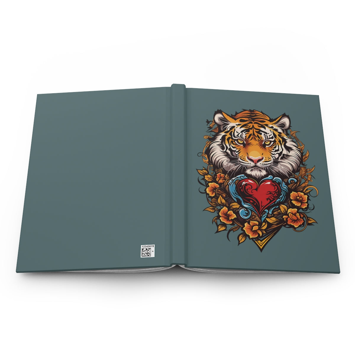 Open hardcover notebook with a 2000s style tattoo art aesthetic tiger and heart and flowers  illustration 