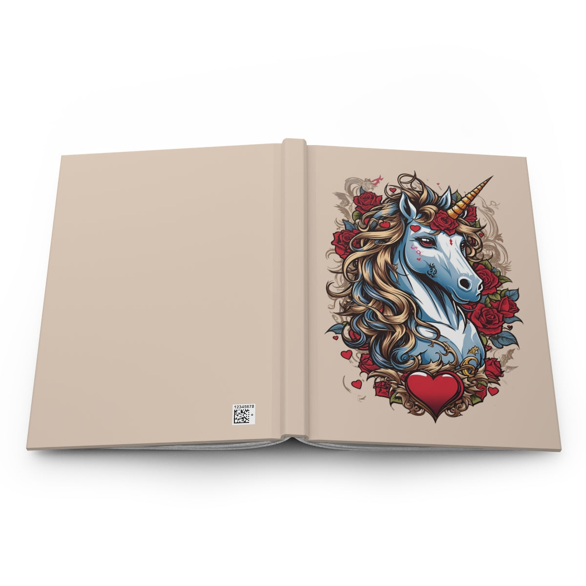 open notebook with an illustration of a 2000s tattoo art style unicorn with tattoo art red roses and red hearts on a beige background