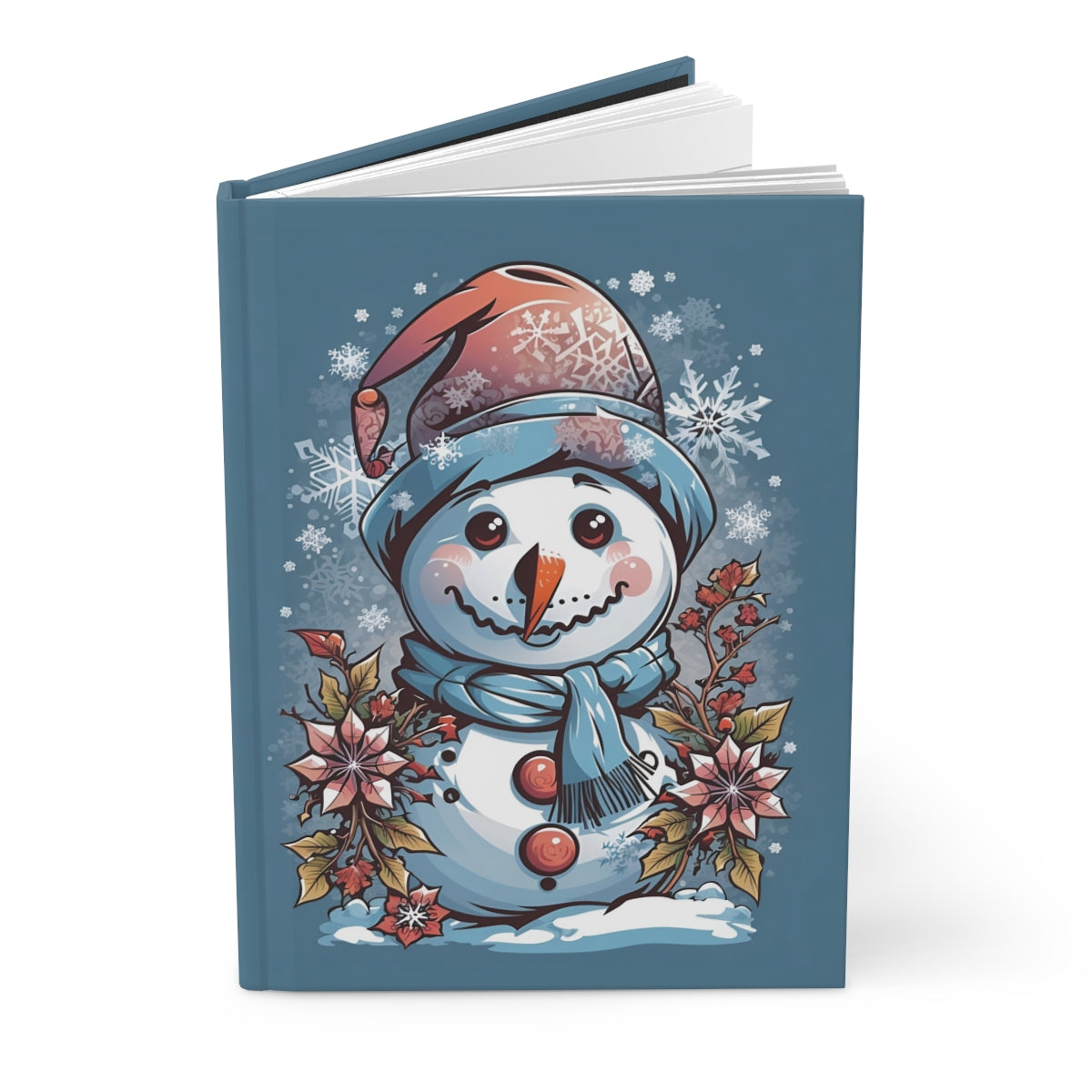 Notebook cover with a retro style tattoo aesthetic snowman illustration with tattoo style flowers and snowflakes on a blue background
