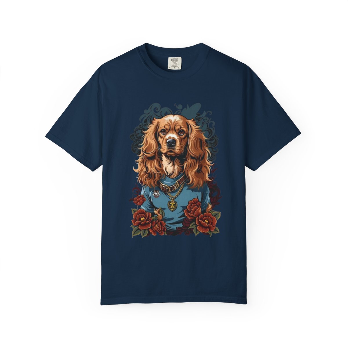 Navy blue t-shirt with a tattoo style cocker spaniel dog and floral design 