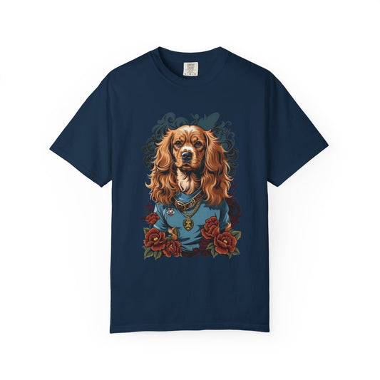 Navy blue t-shirt with a tattoo style cocker spaniel dog and floral design 