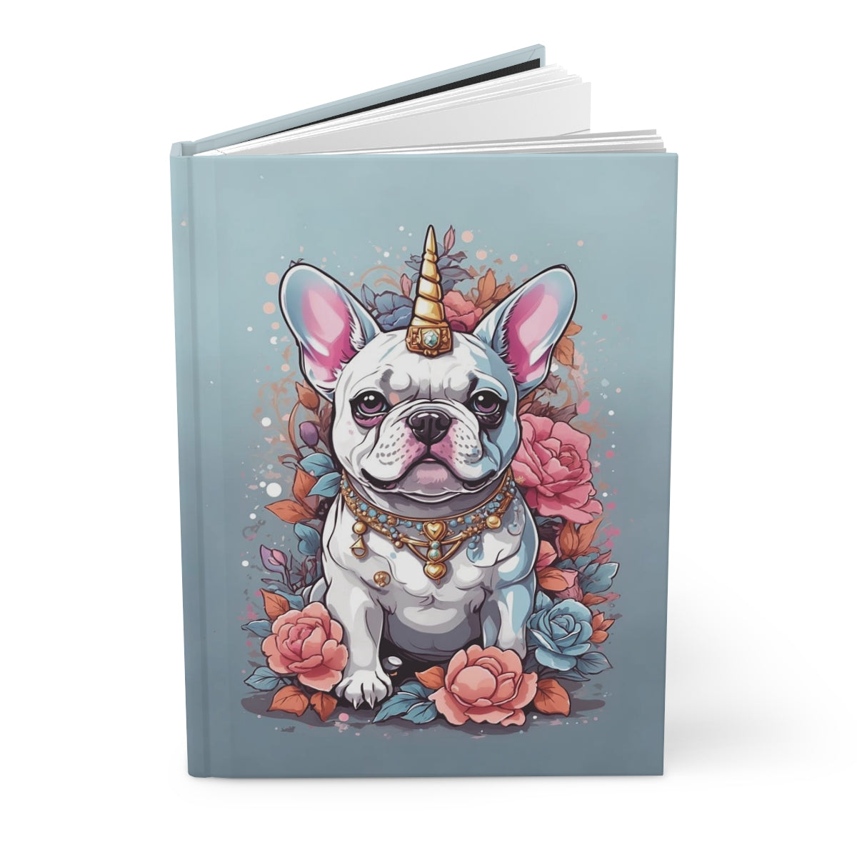 Hardcover notebook with an illustration of a kawaii aesthetic cute white French bulldog wearing a unicorn horn and a necklace, surrounded by pastel colored flowers on a pastel blue background