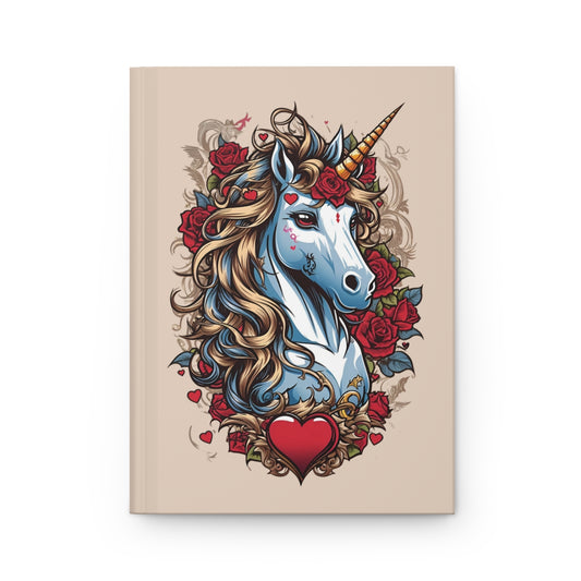 Journal with an illustration of a tattoo art aesthetic unicorn with tattoo style red roses and red hearts on a beige background