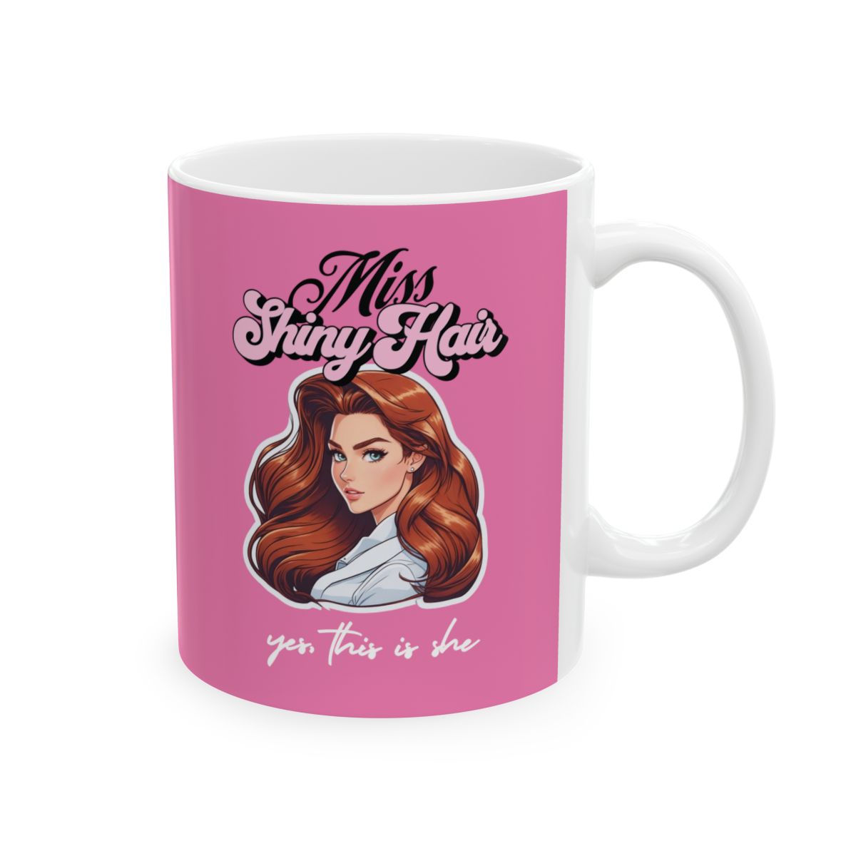 Pink mug with a 90s style illustration of a woman with glamorous hair and retro style text "miss shiny hair"