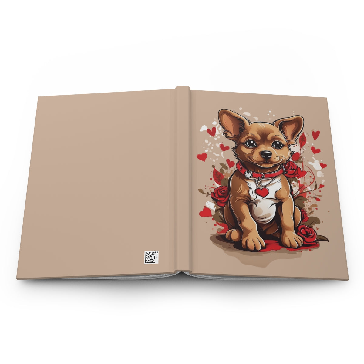 open notebook with an illustration of a cute stray pup with a red heart collar surrounded by red hearts and red roses on a beige background