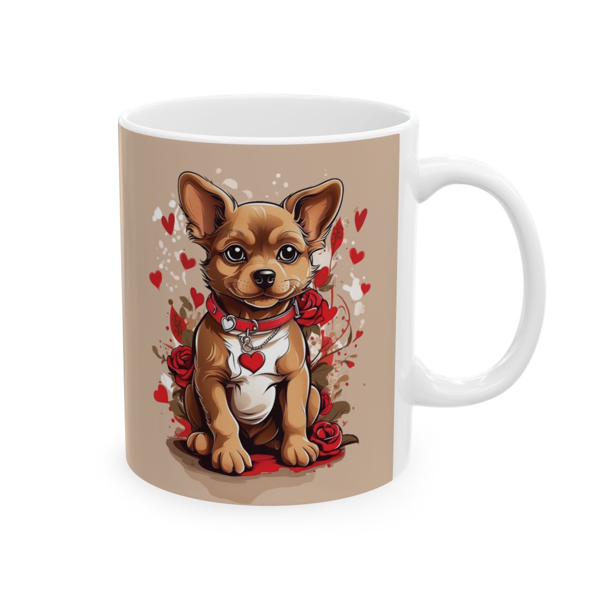 Mug with a cartoon puppy with red hearts and red roses 