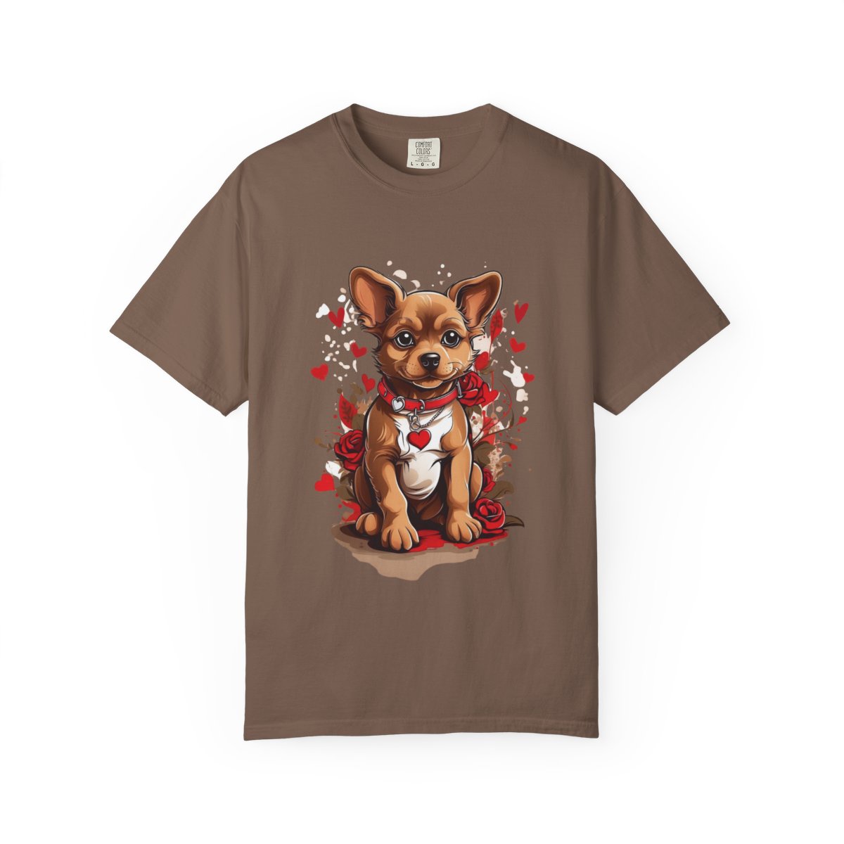 Brown t-shirt with a valentines day greeting card aesthetic dog graphic with hearts and red roses 