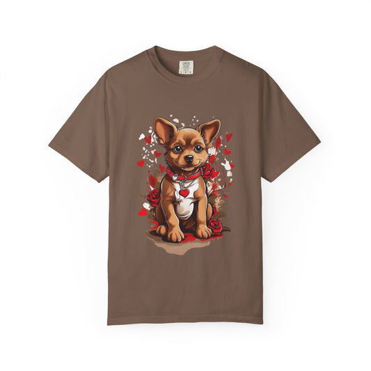 Brown t-shirt with a valentines day greeting card aesthetic dog graphic with hearts and red roses 