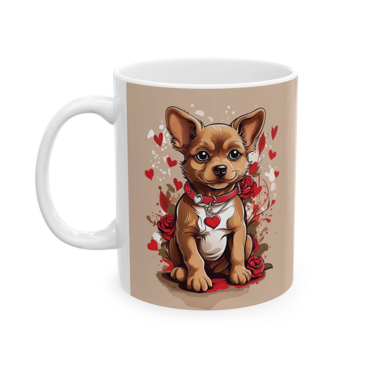 Mug with a cartoon puppy wearing a red heart collar surrounded by red hearts and red roses 