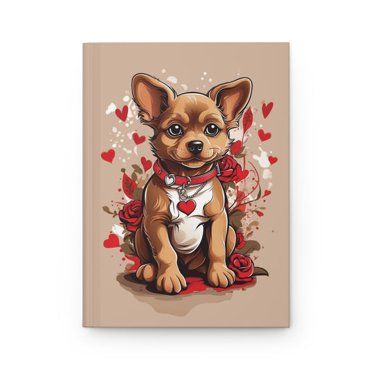 Hardcover journal with an Illustration of a puppy with a red heart collar on a beige background, red hearts and red roses.