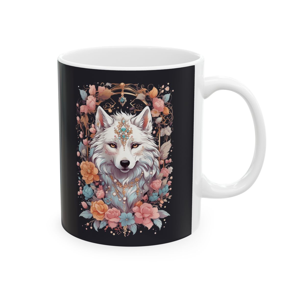 Mug with a white wolf and floral design on a black background