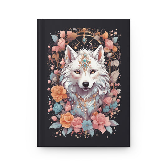 Notebook with an illustration of a kawaii aesthetic white wolf surrounded by flowers on a black background