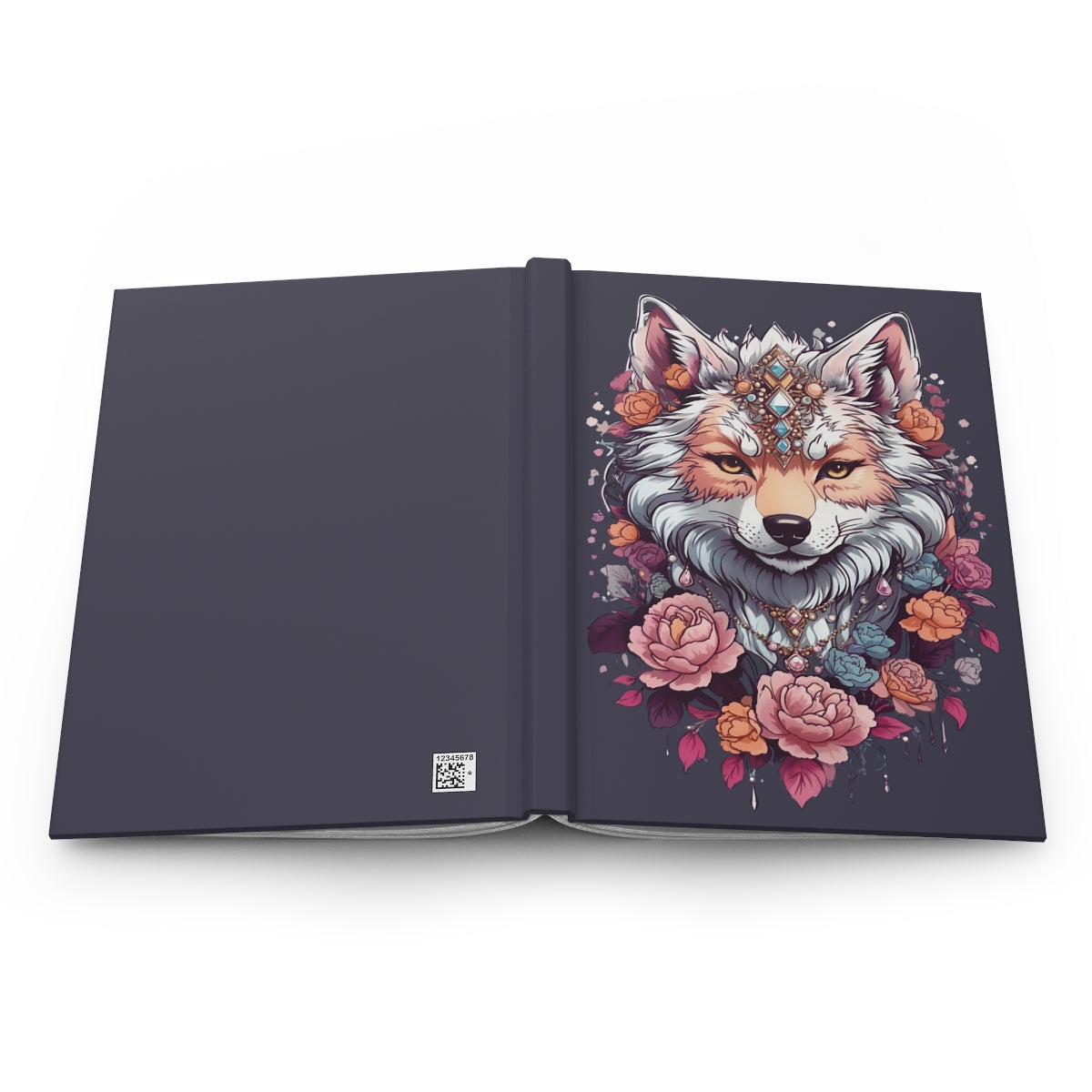 open Notebook with an illustration of a girly kawaii aesthetic wolf wearing jewelry and flowers