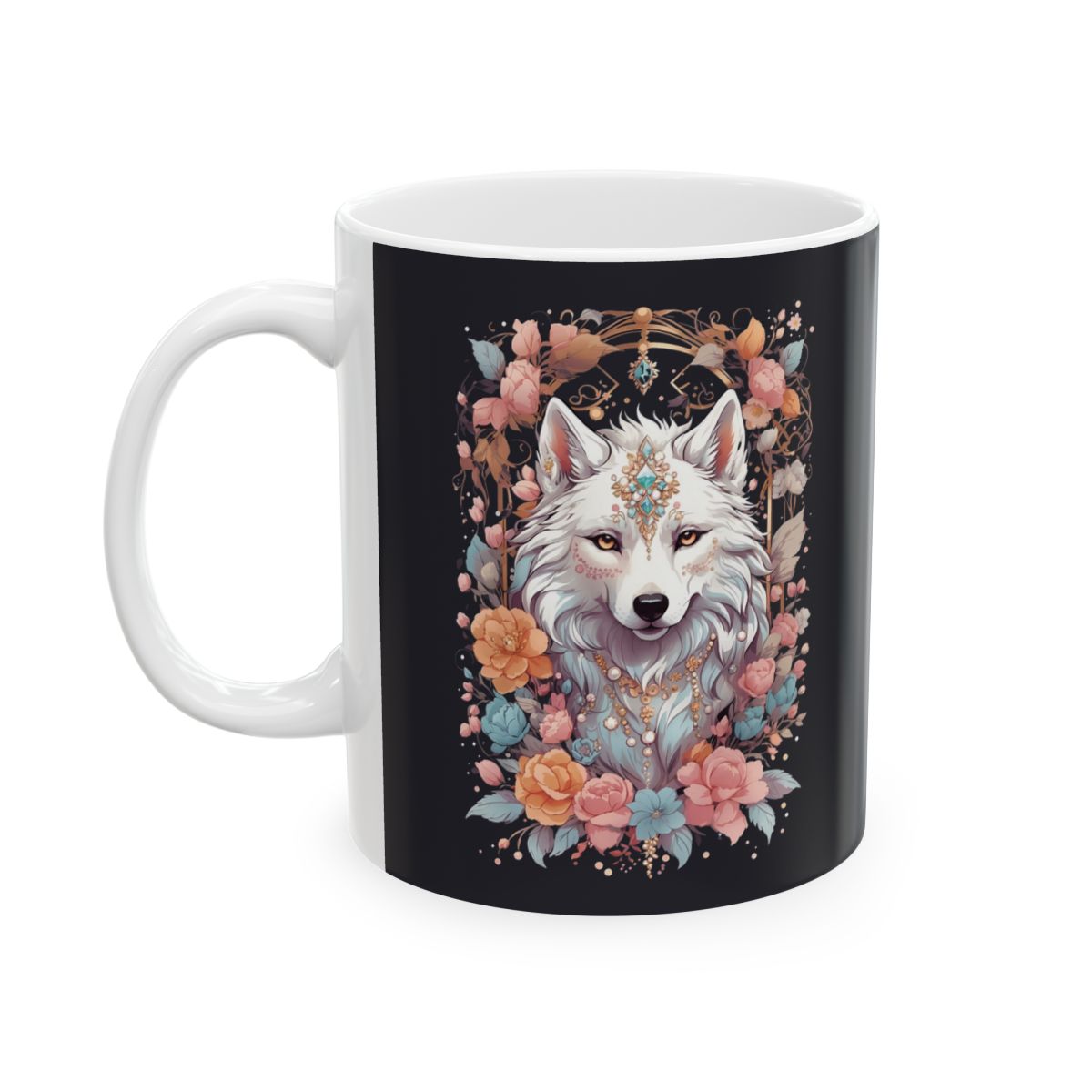 Mug with a white wolf and floral design on a black background