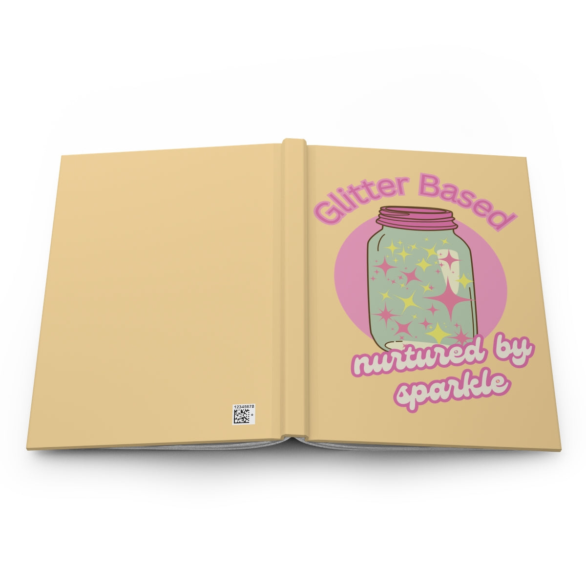Open light yellow notebook with an illustration of a retro style mason jar with a pink lid, filled with pastel pink and yellow glitter and "glitter based, nurtured by sparkle" text written in pastel colored retro aesthetic letters