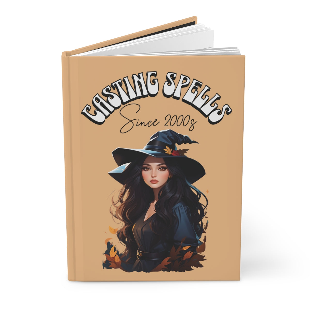 Hard cover Notebook with a beautiful witch girl illustration and 'Casting Spells Since 2000s' text written in retro groovy letters on a beige background
