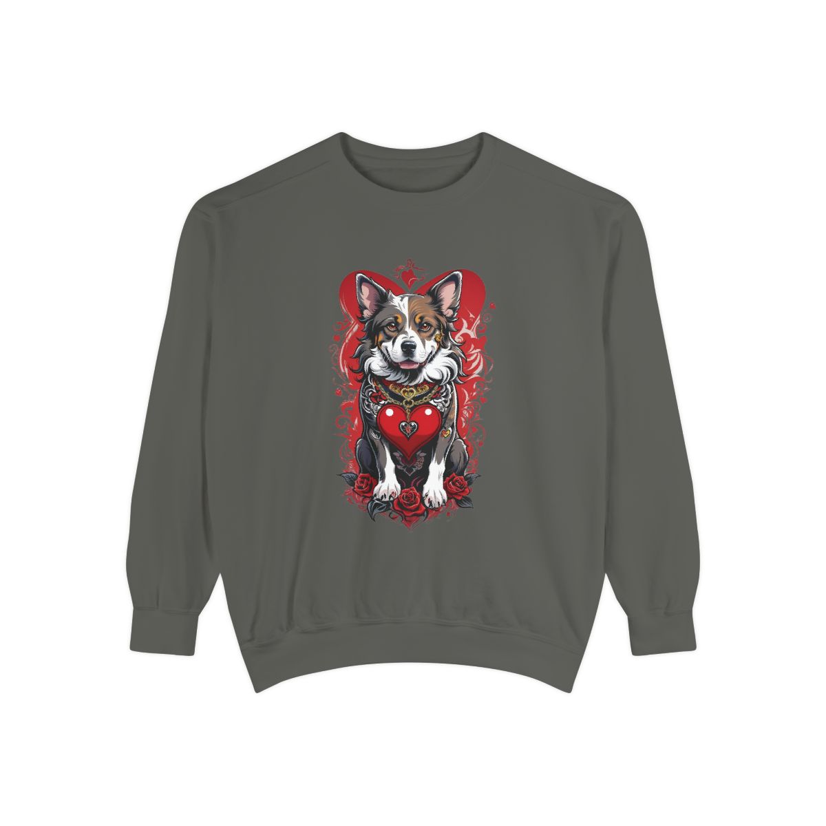 pepper Gray sweatshirt with a cute puppy graphic with a red heart collar