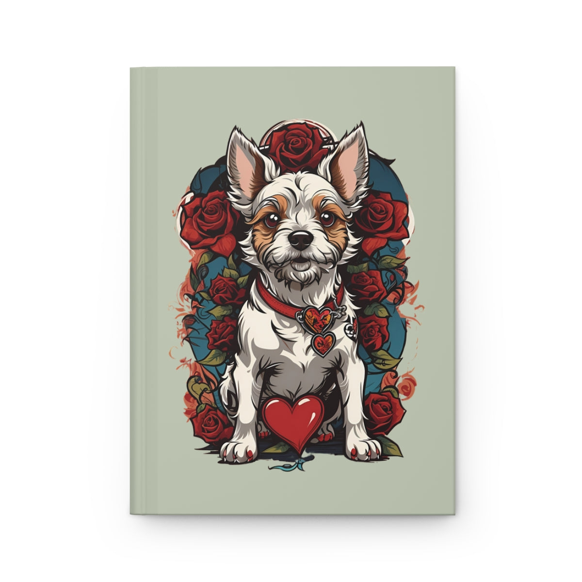 Notebook cover with a 2000s tattoo aesthetic terrier puppy illustration surrounded by red roses and red heart graphics on a light green background