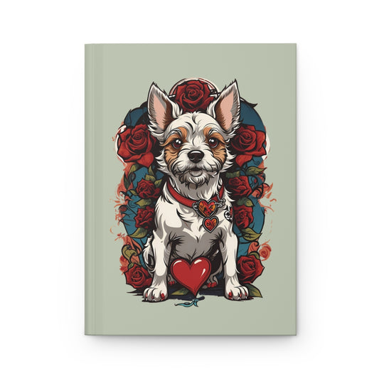 Notebook cover with a 2000s tattoo aesthetic terrier puppy illustration surrounded by red roses and red heart graphics on a light green background