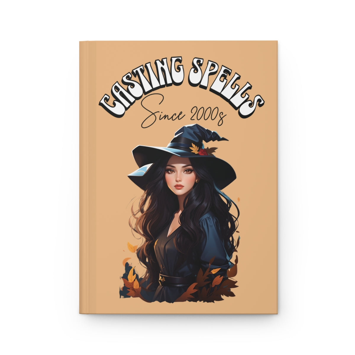 Hard cover Notebook with a beautiful witch girl illustration and 'Casting Spells Since 2000s' text written in retro groovy letters on a beige background