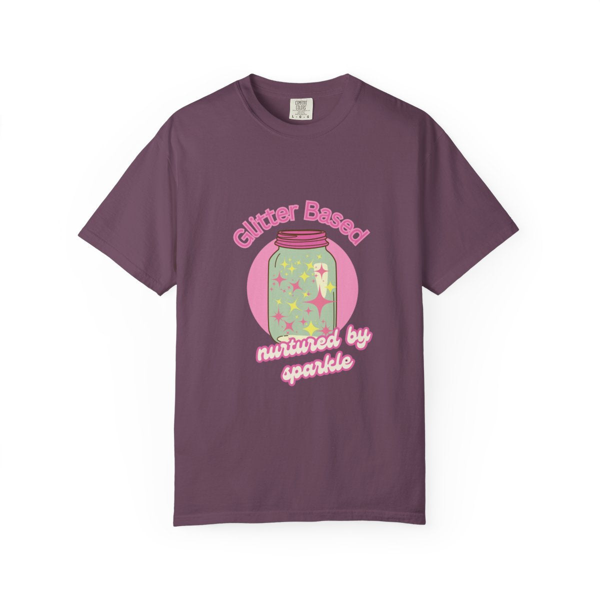 Purple t-shirt with a funny pastel pink graphic and text 