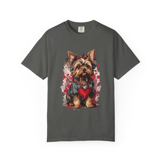 Pepper Gray t-shirt with a cute Yorkshire terrier puppy graphic with red hearts 