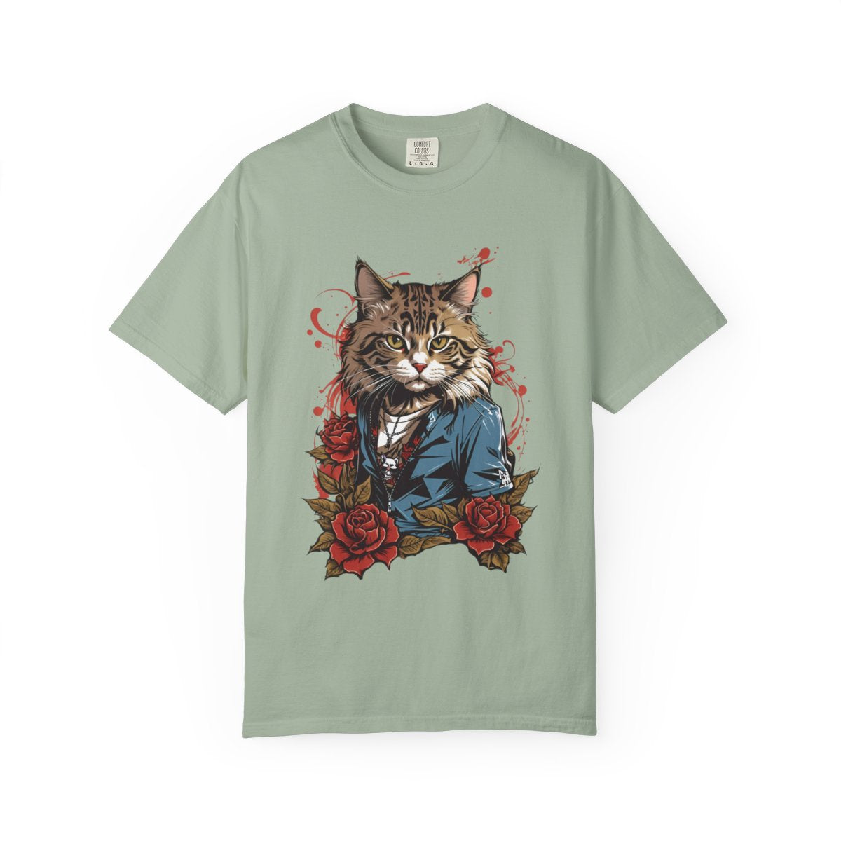 Light green t-shirt with a y2k era tattoo art cat design