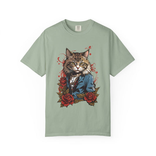 Light green t-shirt with a y2k era tattoo art cat design