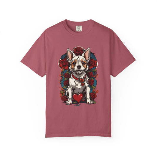 Red t-shirt with a retro terrier dog design