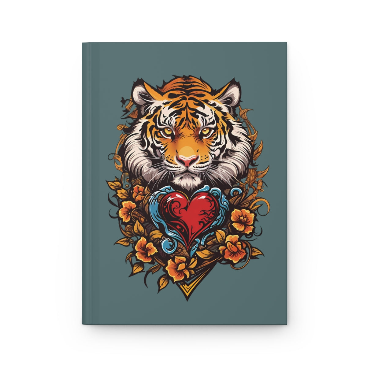 Notebook with a tattoo art tiger and heart and tattoo style flowers design 