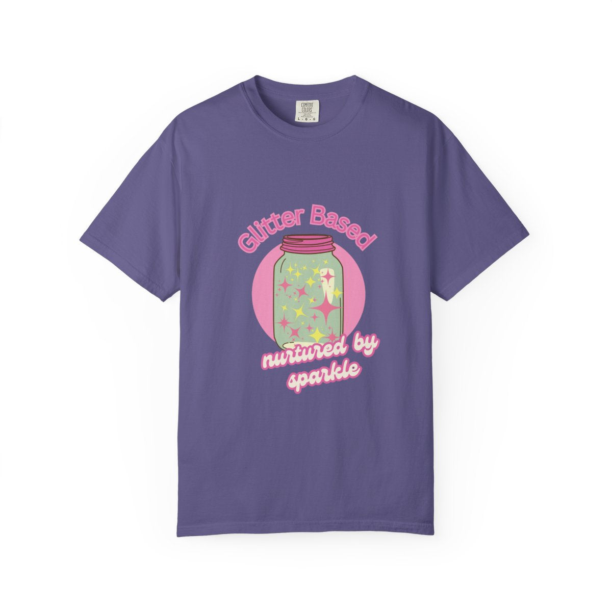 Purple t-shirt with a pastel colored graphic and y2k humour pink text 