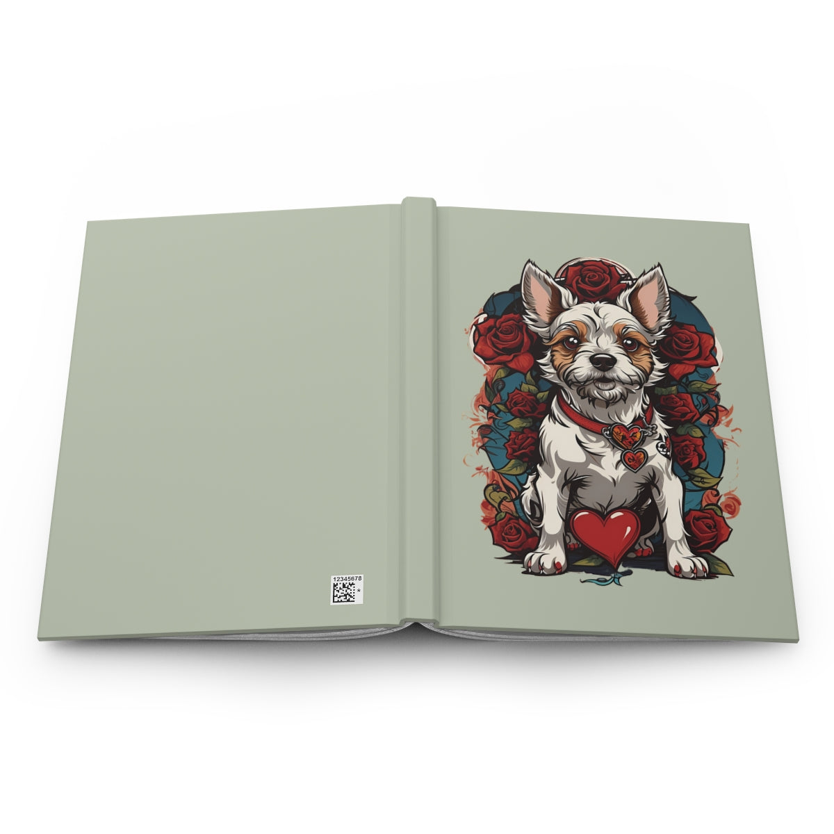 Open Notebook cover with a 2000s tattoo art style terrier puppy illustration surrounded by red roses and red heart graphics on a light green background