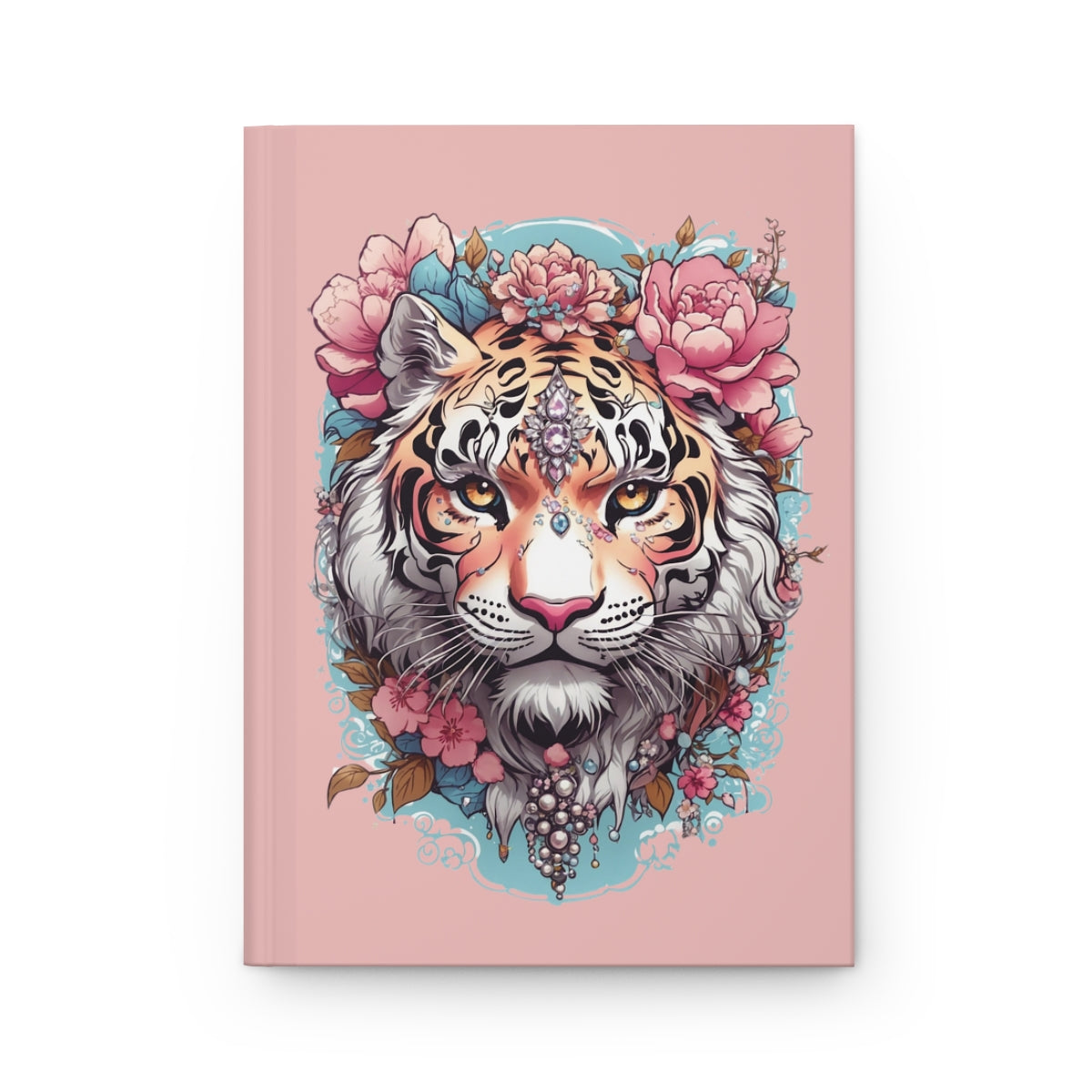 Pastel pink Notebook with a fashionable tiger illustration in pastel colors surrounded with pink flowers and jewelry 