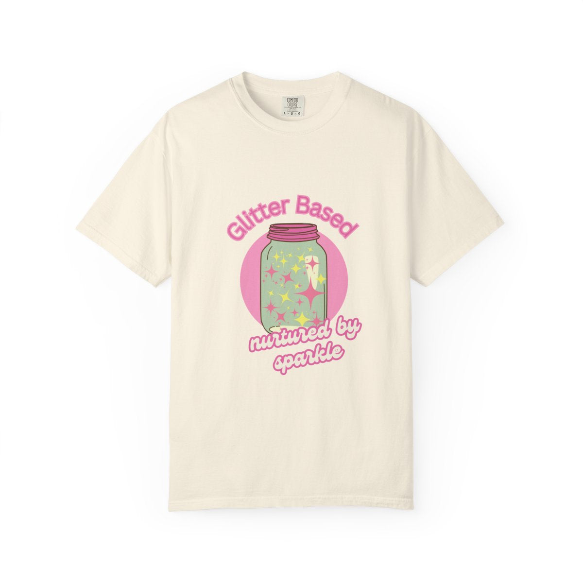 Beige t-shirt with a pastel colored graphic and a funny pink text in girly retro aesthetic