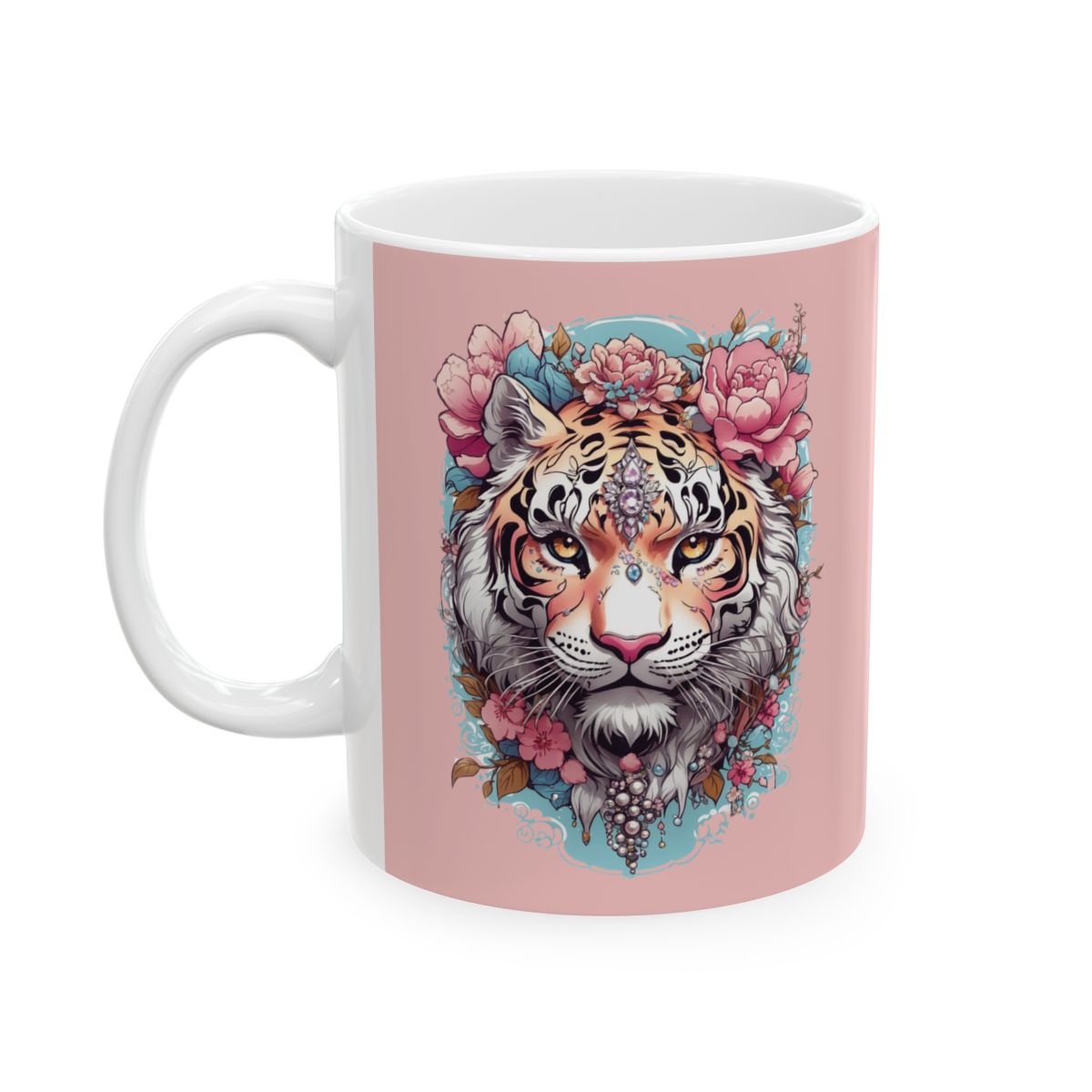 Pastel pink Mug with a tiger and floral design