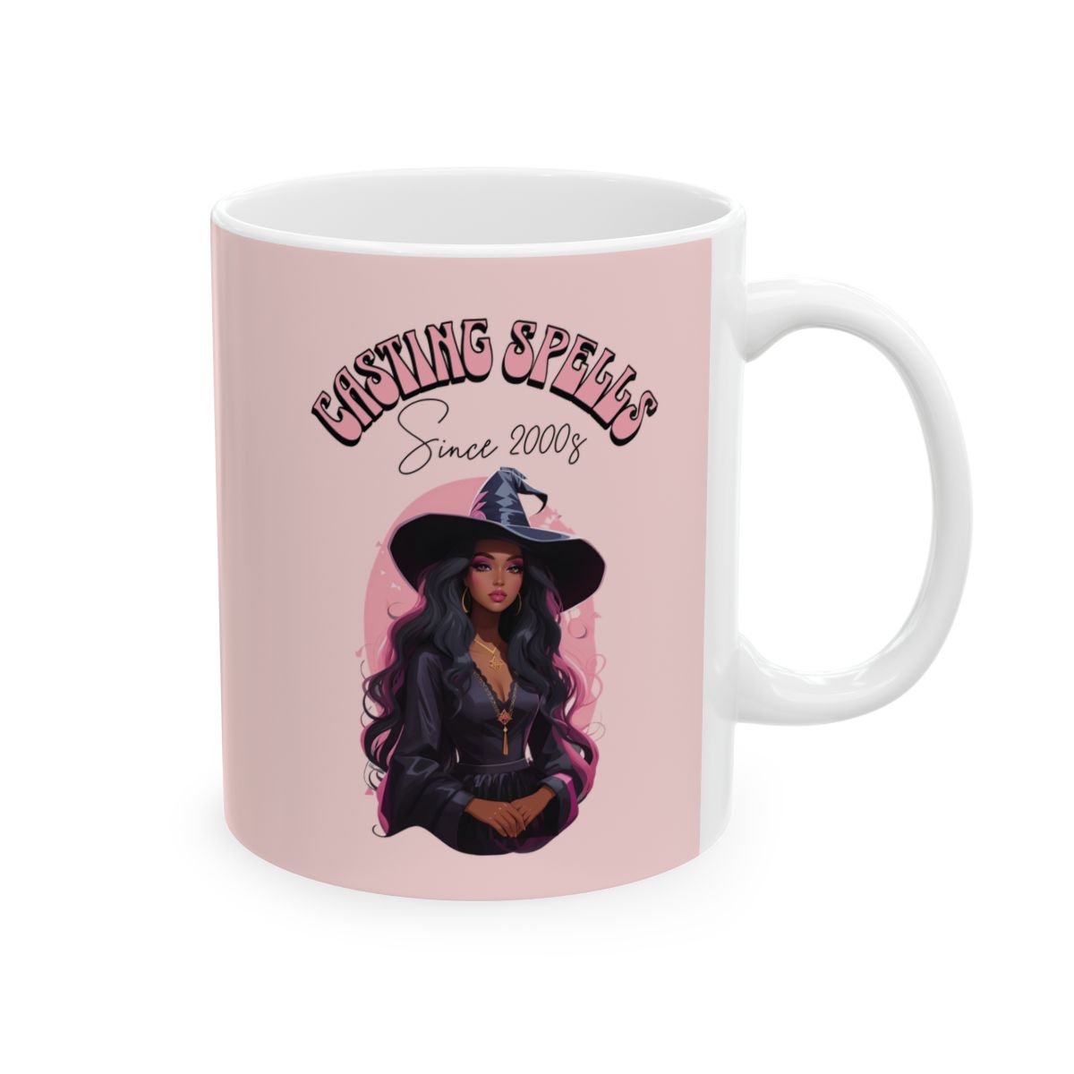 Soft Pink mug with a halloween witch graphic and a pink  text 'Casting Spells Since 2000s' written in retro groovy style letters on a light pink background