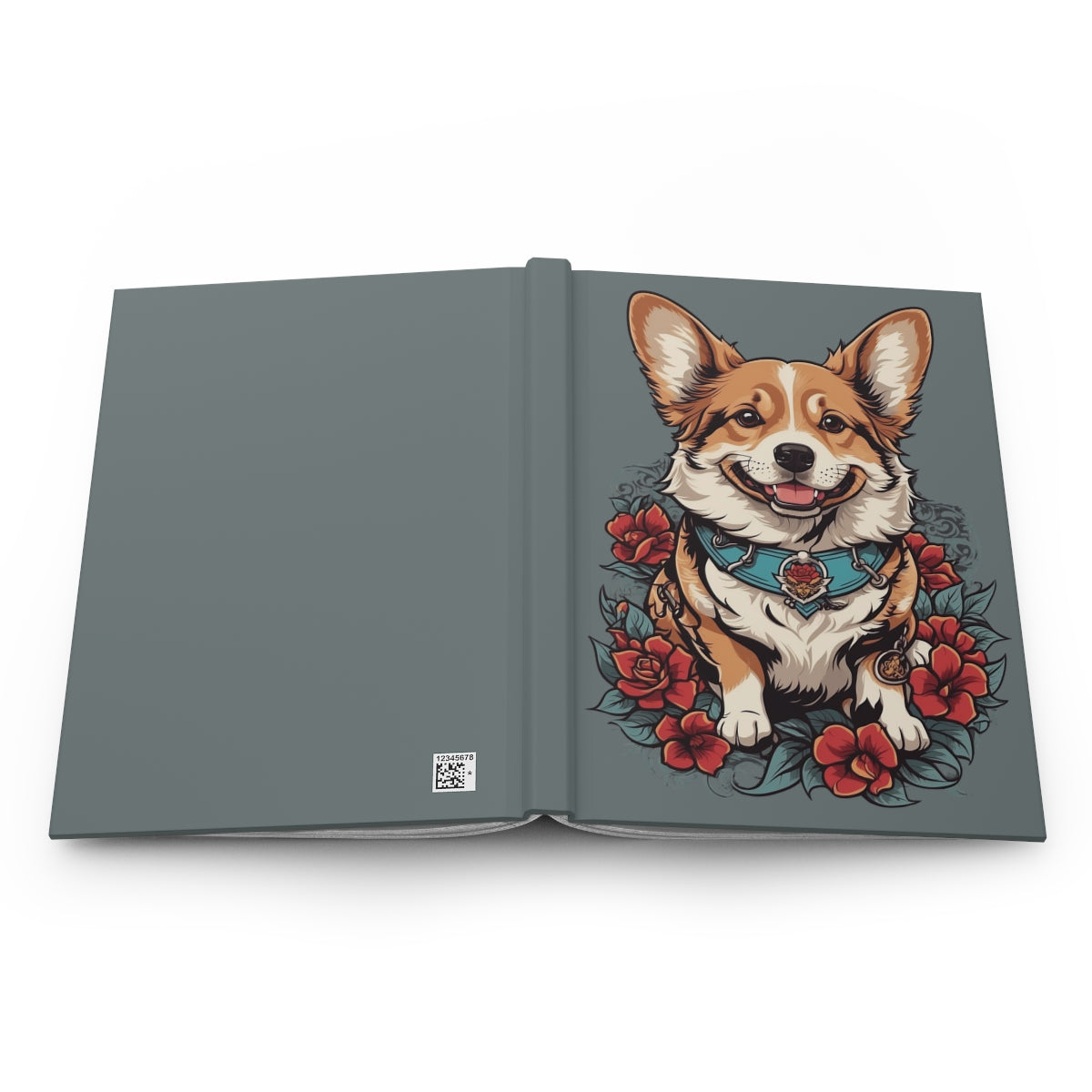 Open notebook with a cute 2000s tattoo art aesthetic corgi surrounded with flowers illustration 