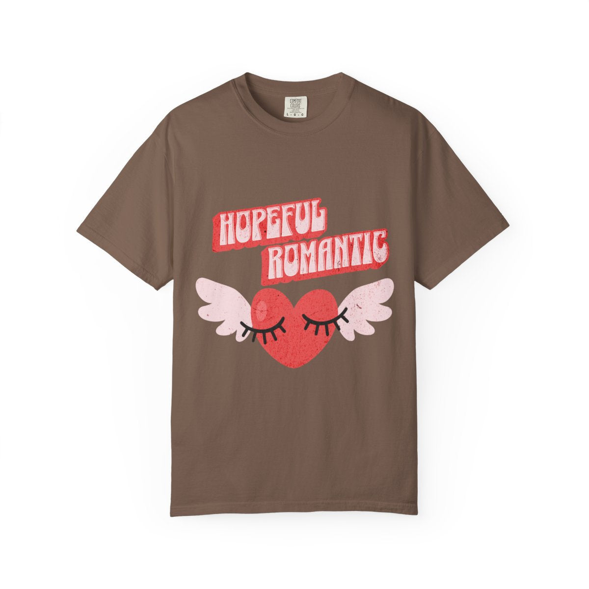 Brown t-shirt with 'Hopeful Romantic' text and retro style heart with eye lashes and wings design 
