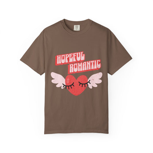 Brown t-shirt with 'Hopeful Romantic' text and retro style heart with eye lashes and wings design 