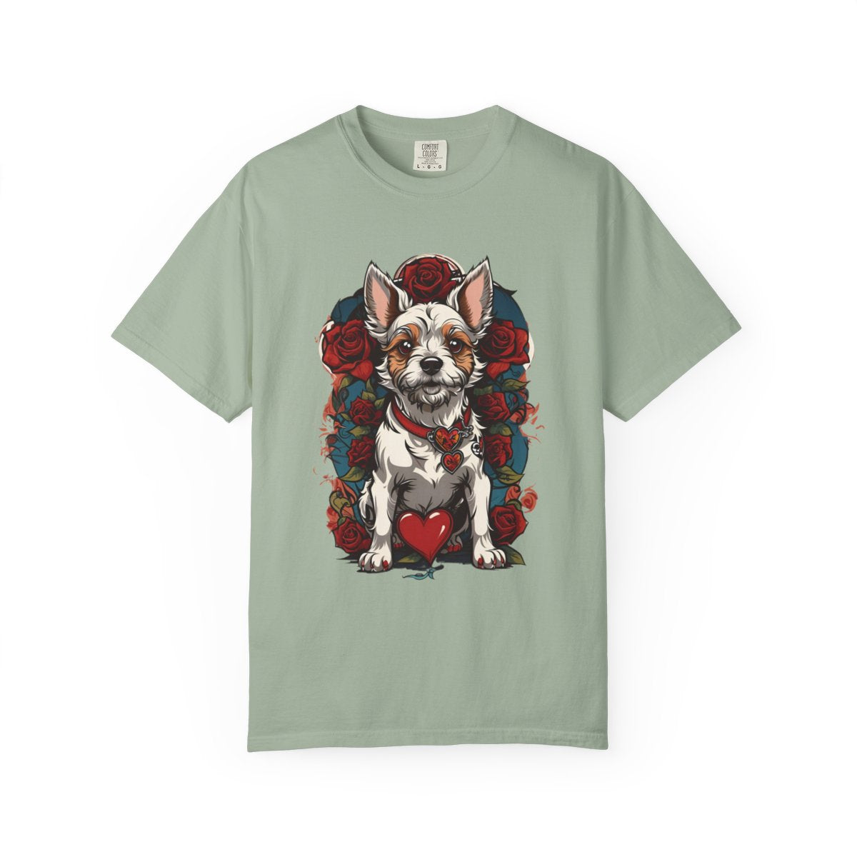 Light green t-shirt with y2k style terrier dog with heart and roses design