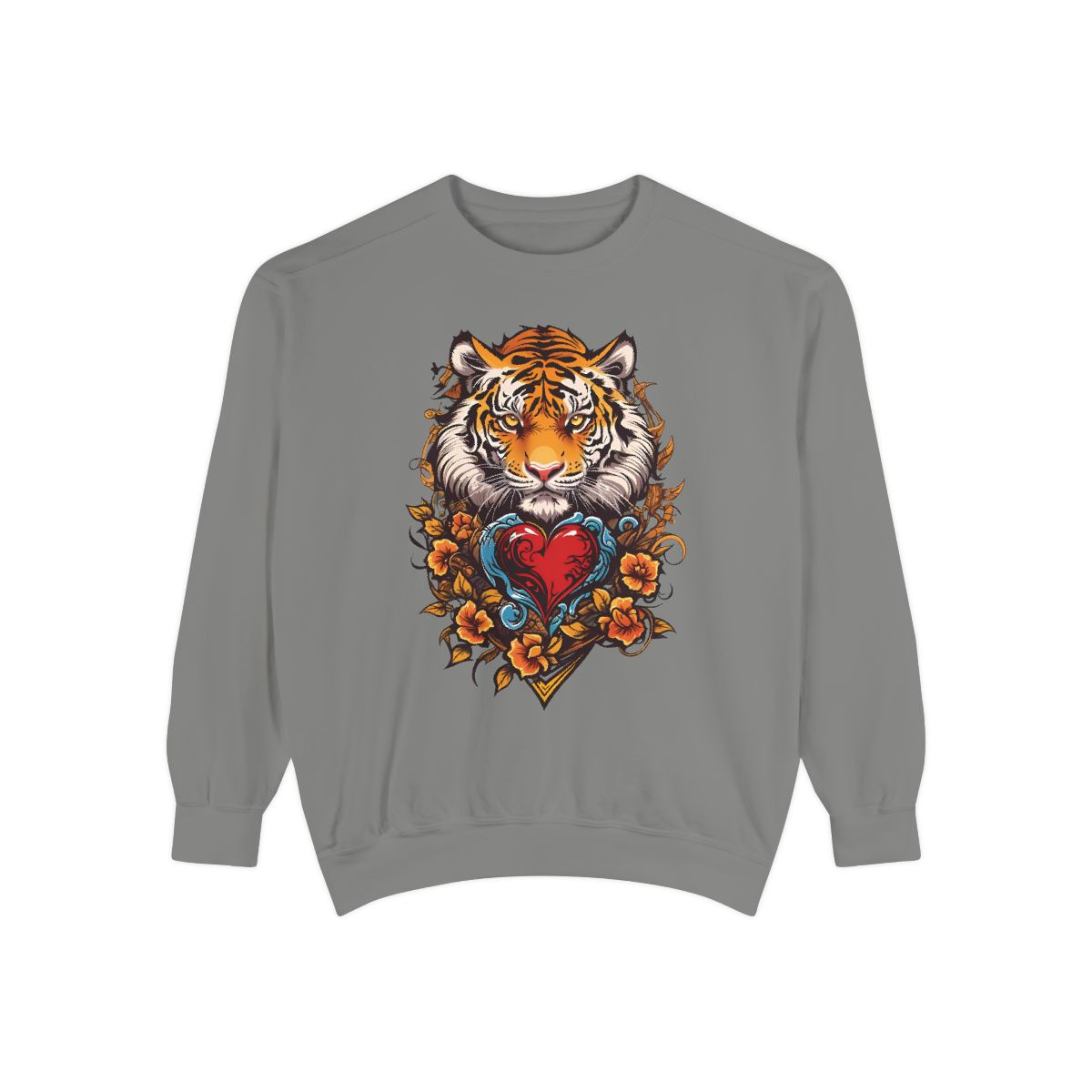 Gray sweatshirt with a tattoo art tiger and floral design