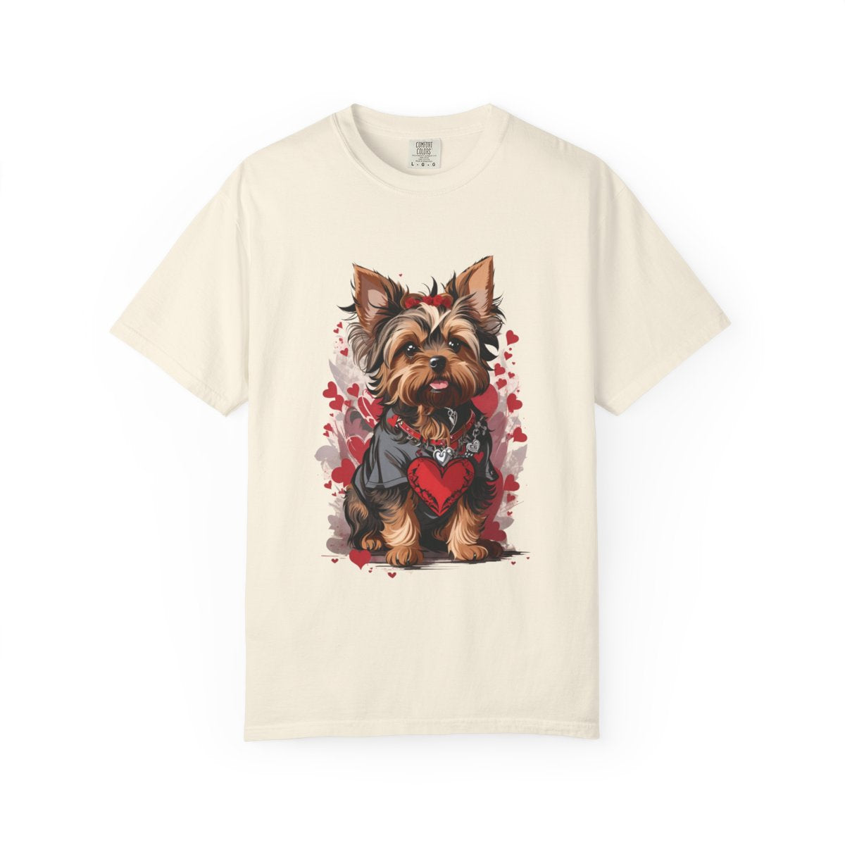 Beige 2000s style t-shirt with a cute Yorkshire Terrier dog graphic and red hearts on a white background
