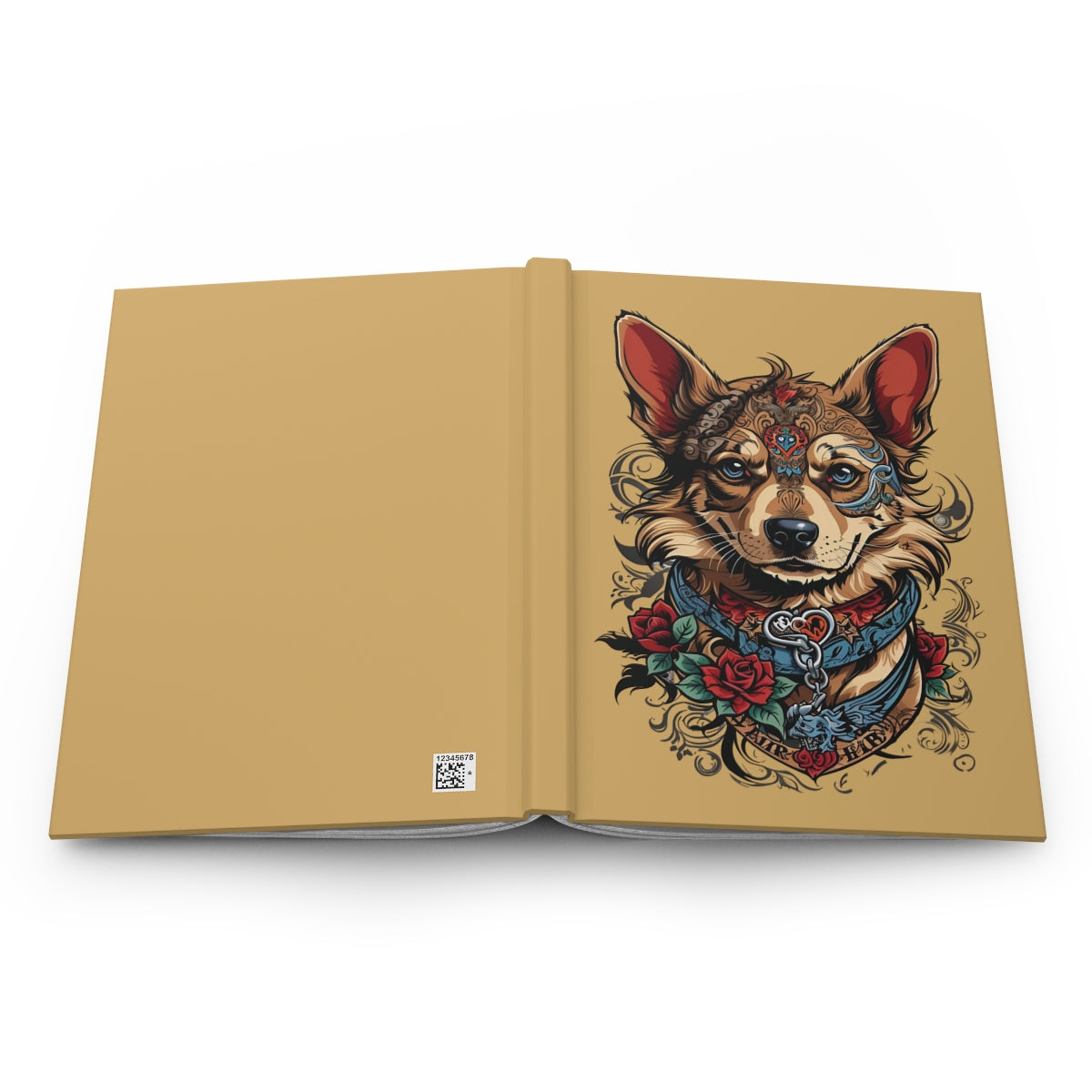 Open yellow notebook with a tattoo art style dog illustration and red roses 