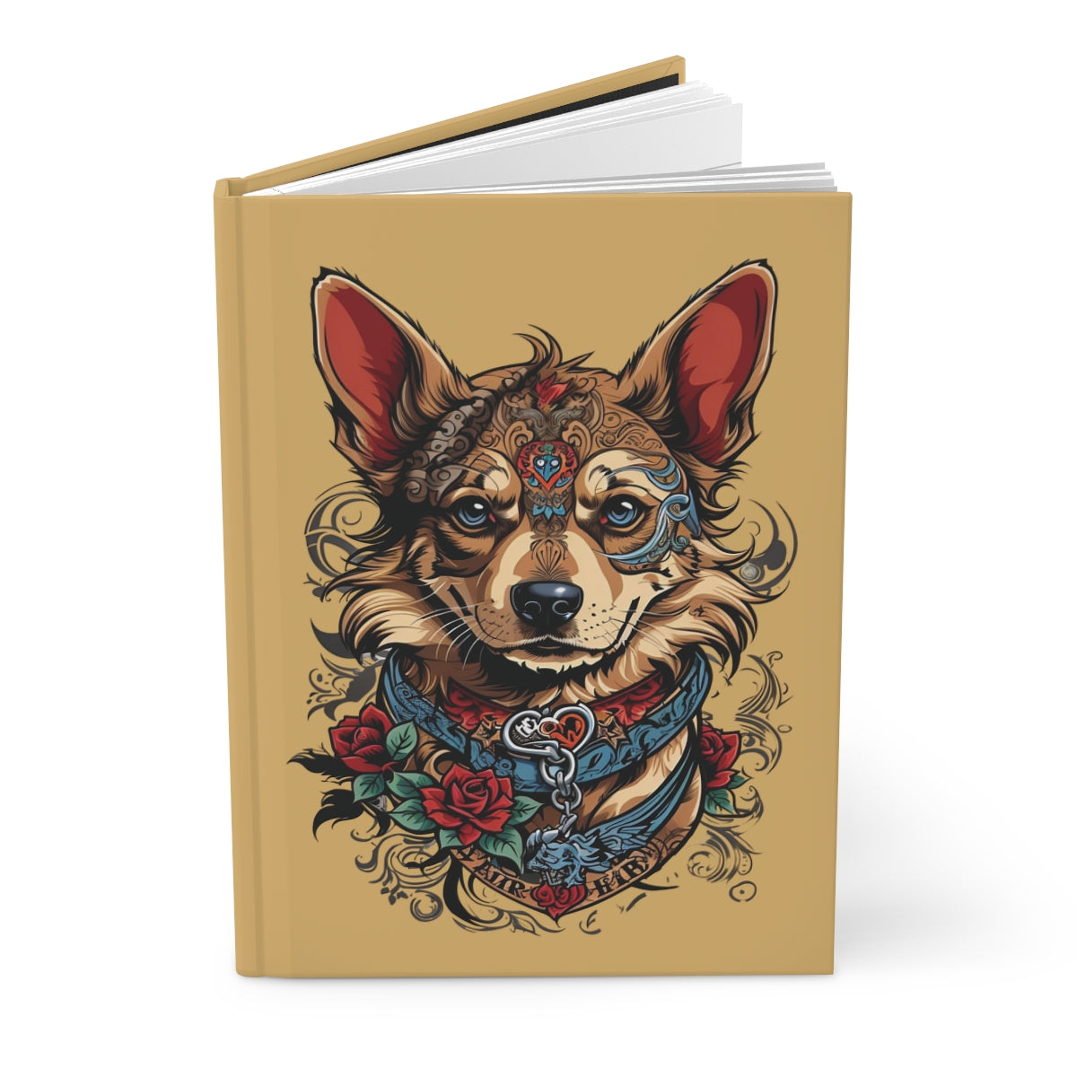 mustard yellow hardcover journal with design of a y2k aesthetic tattoo art puppy, tattoo graphics and tattoo style red roses 