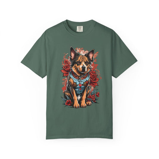 Green t-shirt with a tattoo art style dog graphic
