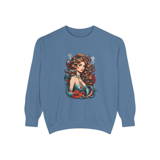 Blue sweatshirt with a tattoo style siren graphic 