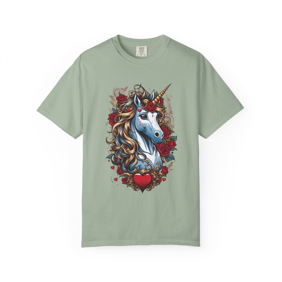 Light green t-shirt with a retro style unicorn design featuring flowers and a heart 
