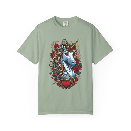 Light green t-shirt with a retro style unicorn design featuring flowers and a heart 